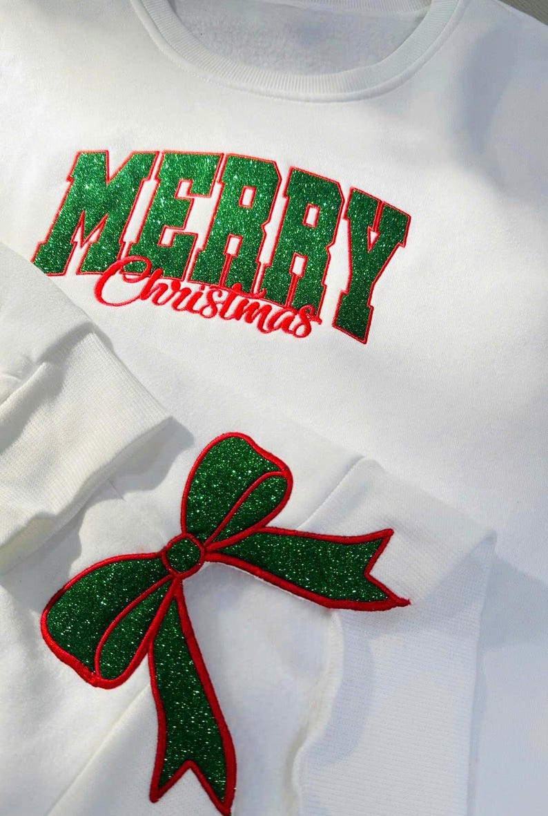 Merry Christmas Embroidered Bow Sweatshirt, Side Bow Applique Sweatshirt, Embroidered Bow Glitter Sweatshirt, Cute Bow Sweatshirt