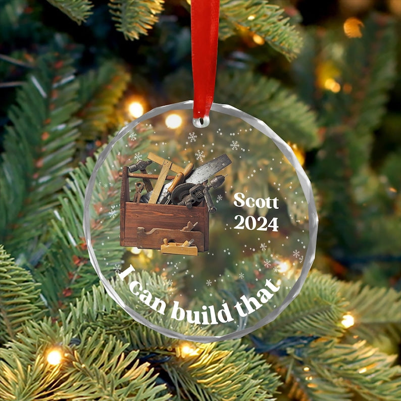 Custom Carpenter Glass Ornament, Personalized Woodworker Christmas Ornament, Unique for Carpenters, Custom Construction-Themed Keepsake