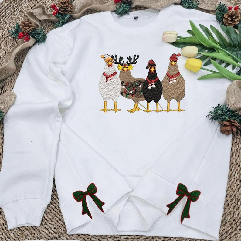 Side Bow Applique Embroidered Sweatshirt, Embroidered Chicken Sweatshirt, Christmas Bow Embellished Sweatshirt, Side Bow Cut-Out Sweatshirt