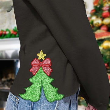 Merry Christmas Tree Cut Out Side Embroidered Bow Sweatshirt, Side Bow Applique Sweatshirt, Embroidered Bow Glitter Sweatshirt, Cute Bow Sweatshirt