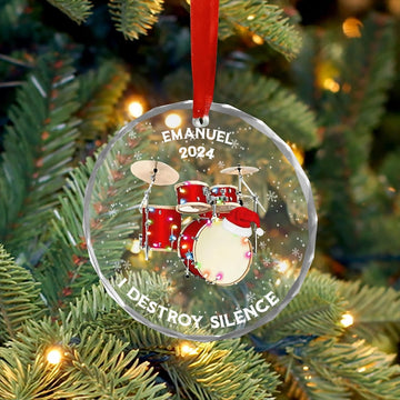 Destroy Silence Custom Drum Glass Ornament, Personalized Drummer Christmas Ornament, Unique Gift for Musicians, Custom Drum-Themed Keepsake for Drum Lovers