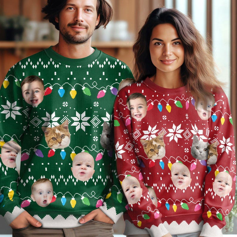 Custom Faces Funny Christmas Lights Ugly Sweater Gift For Family Personalized Photo Ugly Sweater Christmas Gifts, Year End Party Sweater