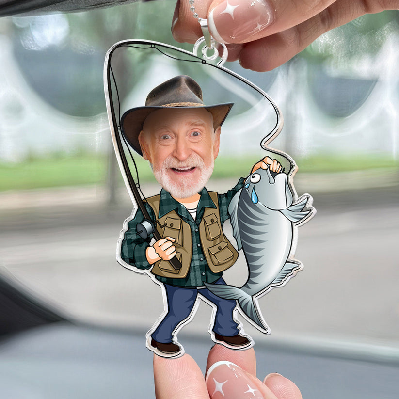 Custom Photo Fisherman Cartoon - Gift For Dad, Grandpa, Fishing Lovers - Personalized Car Hanging Ornament