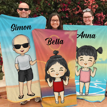 Family Chibi Summer Vacation Personalized Beach Towel - Gift For Family