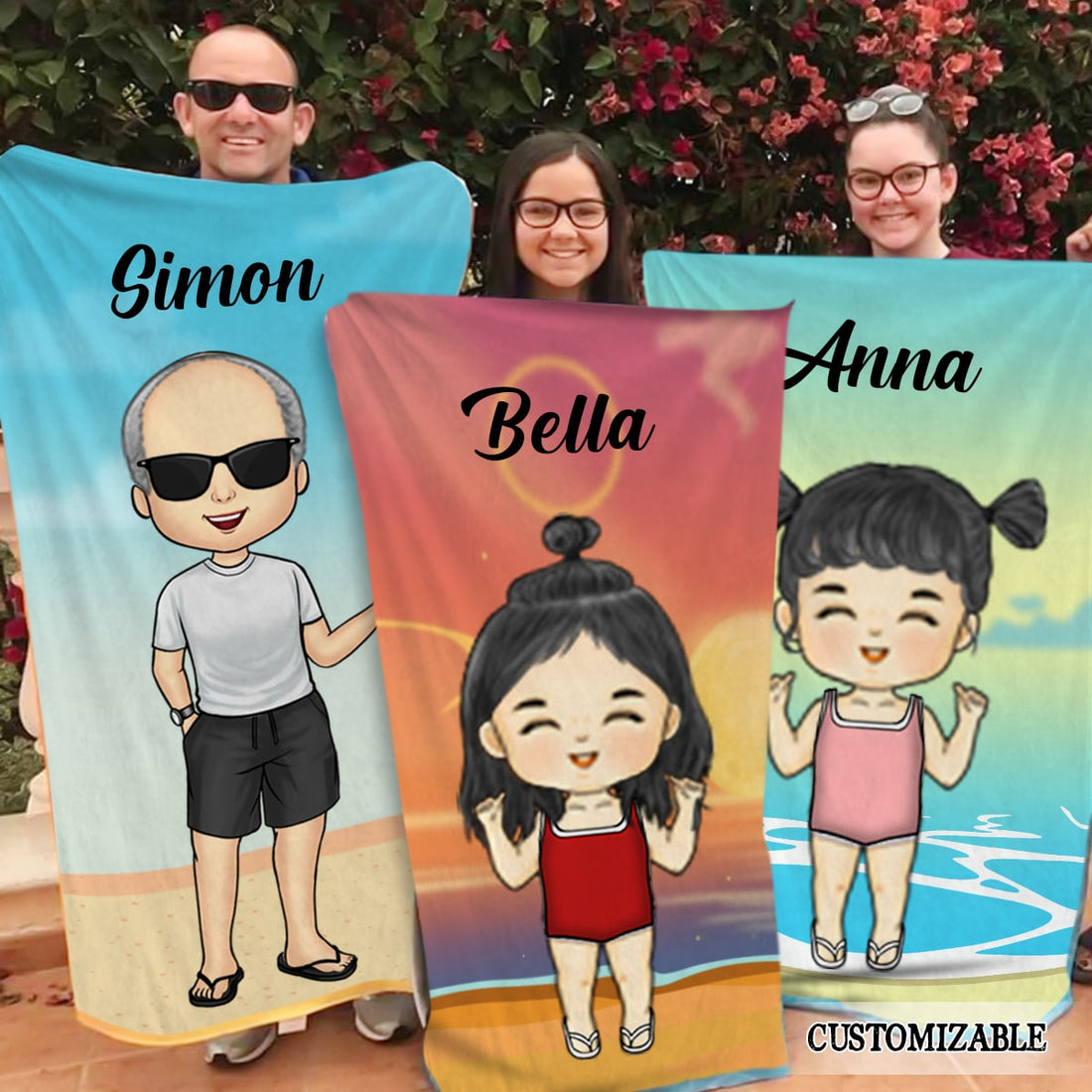 Family Chibi Summer Vacation Personalized Beach Towel - Gift For Family