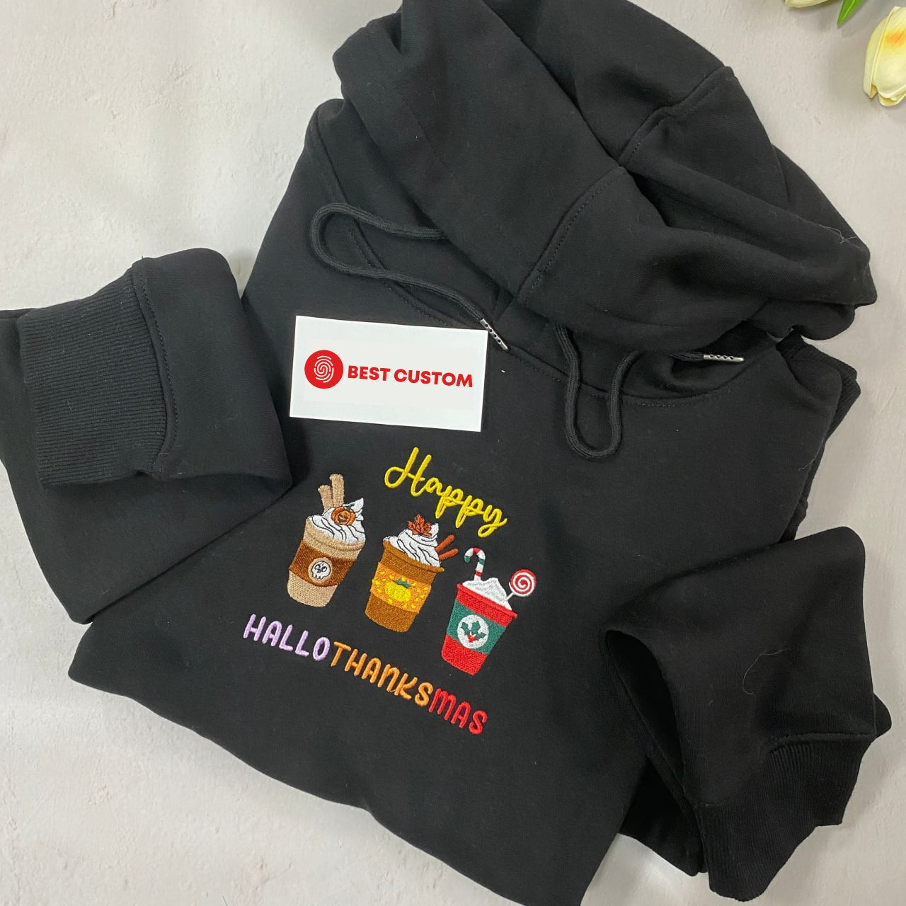 happy hallothanksmas embroidered hoodie sweater