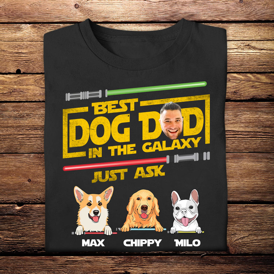 Personalized T-Shirt - Best Dog Dad In The Galaxy - Funny Custom Photo Apparel for Father's Day Birthday Anniversary