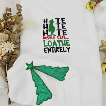 Hate Hate Hate Bow Christmas Tree Side Bow Cut-Out Embroidery Sweatshirt, Custom Merry Side Bow Cut-Out Sweatshirt With Glitter, Trendy Coquette Bow